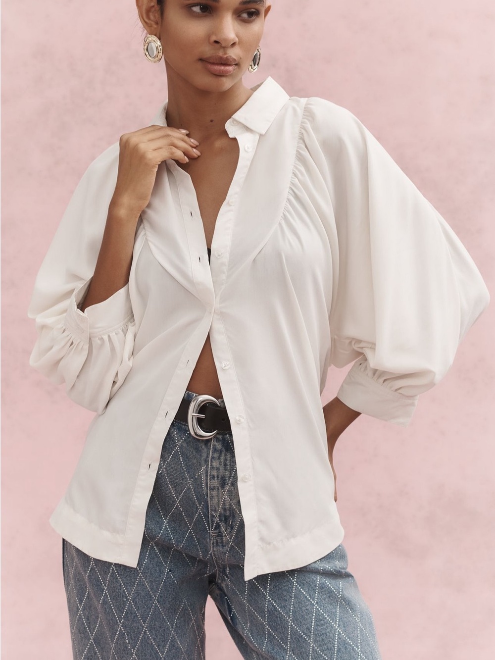 Maeve Ivory Balloon-Sleeve Button-Down Blouse
